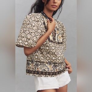 By Anthropologie Pleated Puff-Sleeve Cropped Blouse M Geometric Black Motif